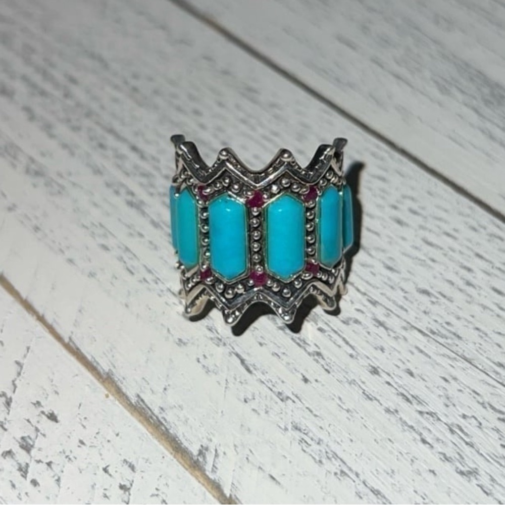 Sterling Silver Turquoise & Ruby Beaded Halo Ring size 5.75 - Picture 5 of 6